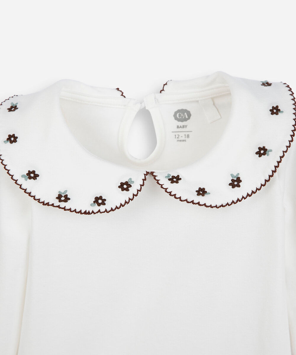 body infantil com algodão gola peter pan bordada off white