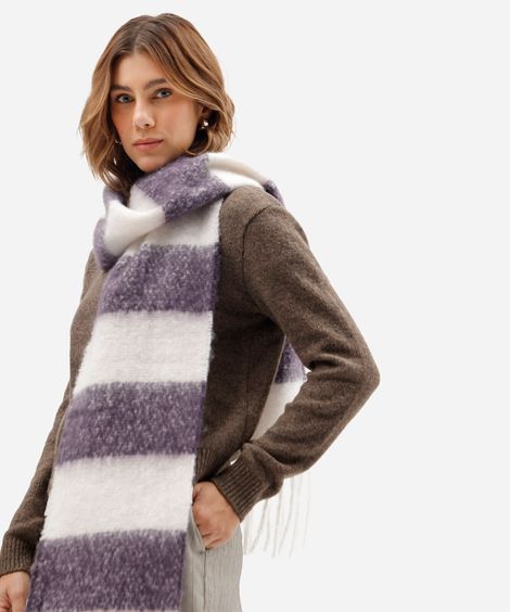 cachecol de tricot felpado com franjas listrado colorido