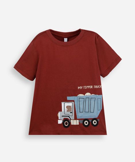 camiseta infantil de algodão manga curta com bolso estampada vermelha