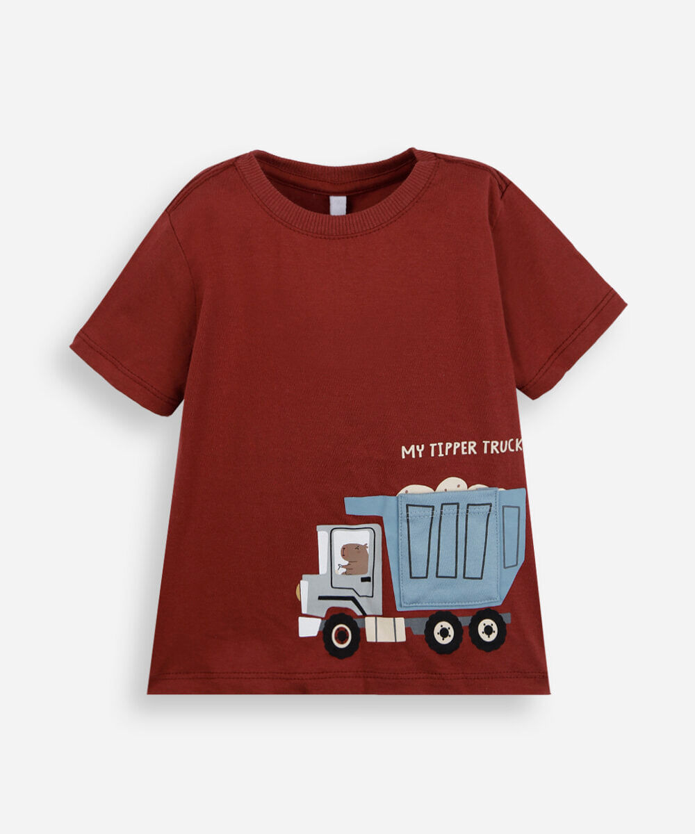 camiseta infantil de algodão manga curta com bolso estampada vermelha