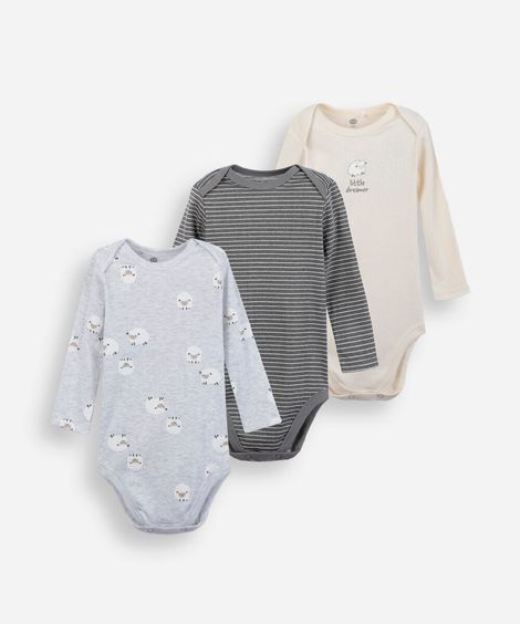 kit de 3 bodies infantil manga longa estampado colorido