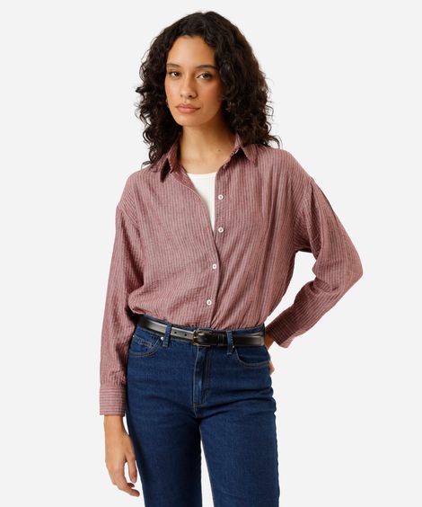 camisa feminina com linho manga longa listrada vinho