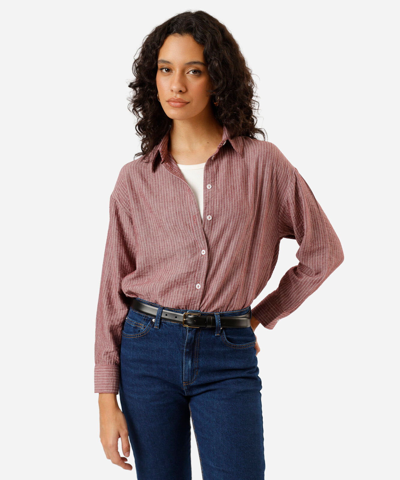 camisa feminina com linho manga longa listrada vinho