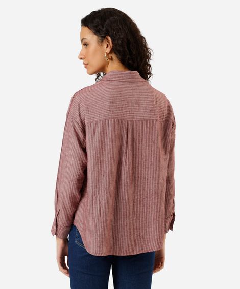 camisa feminina com linho manga longa listrada vinho