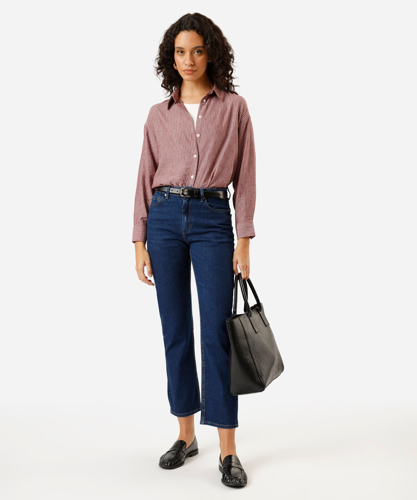 camisa feminina com linho manga longa listrada vinho