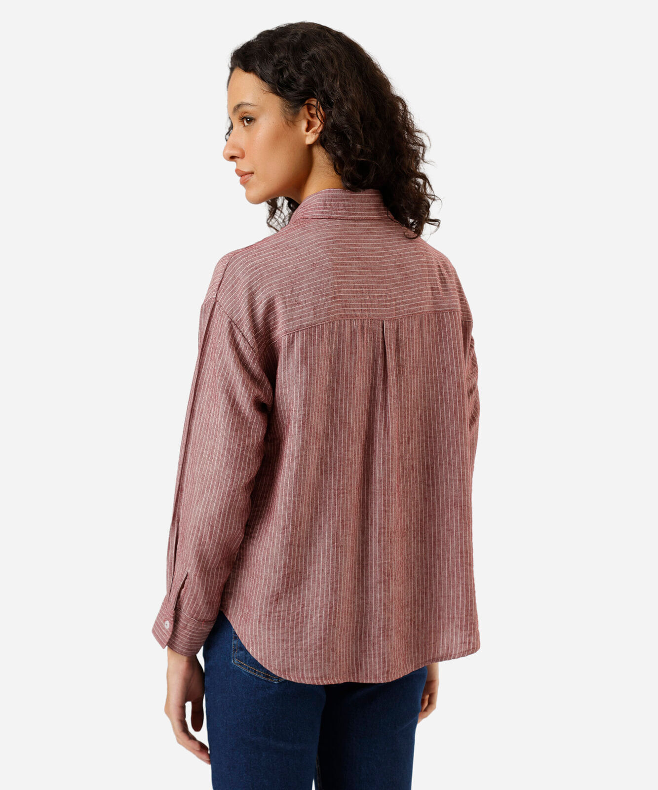 camisa feminina com linho manga longa listrada vinho