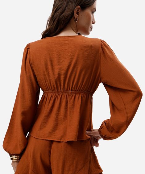 bata feminina com viscose decote v manga longa marrom