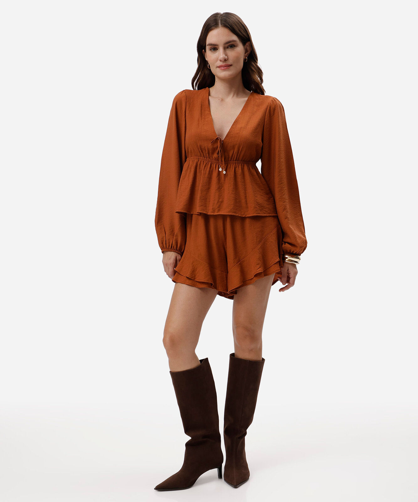 bata feminina com viscose decote v manga longa marrom