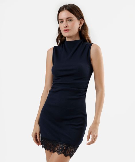 vestido curto feminino de algodão gola alta com renda franzido azul