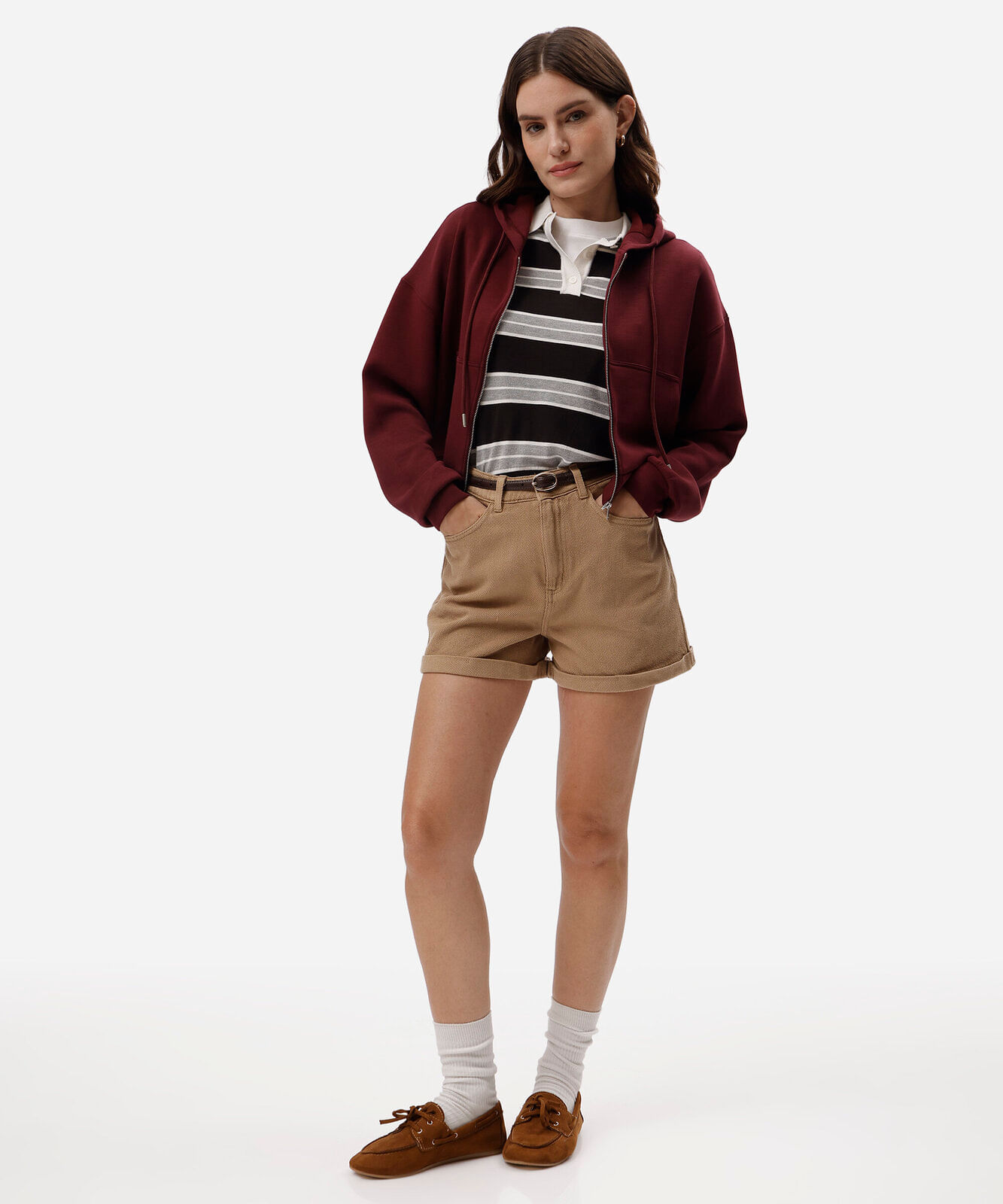 short mom feminino de sarja cintura alta bege