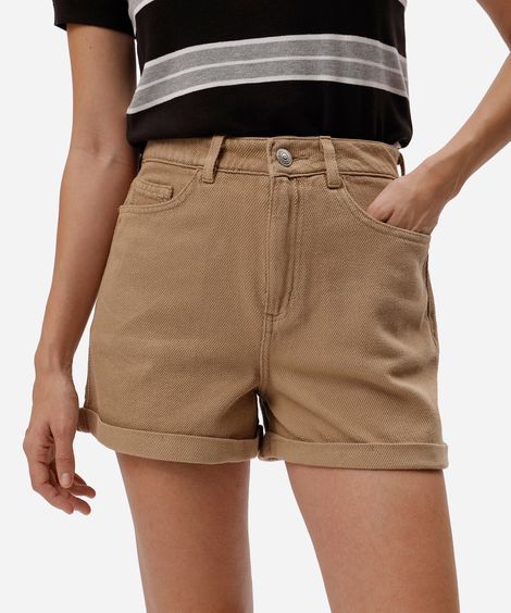 short mom feminino de sarja cintura alta bege
