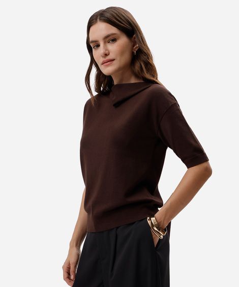 blusa feminina de tricot com gola manga curta marrom