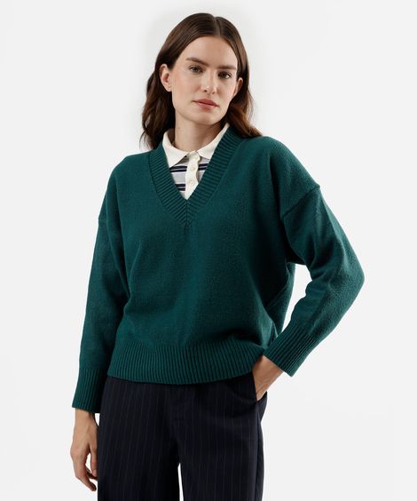 suéter feminino de tricot gola v verde