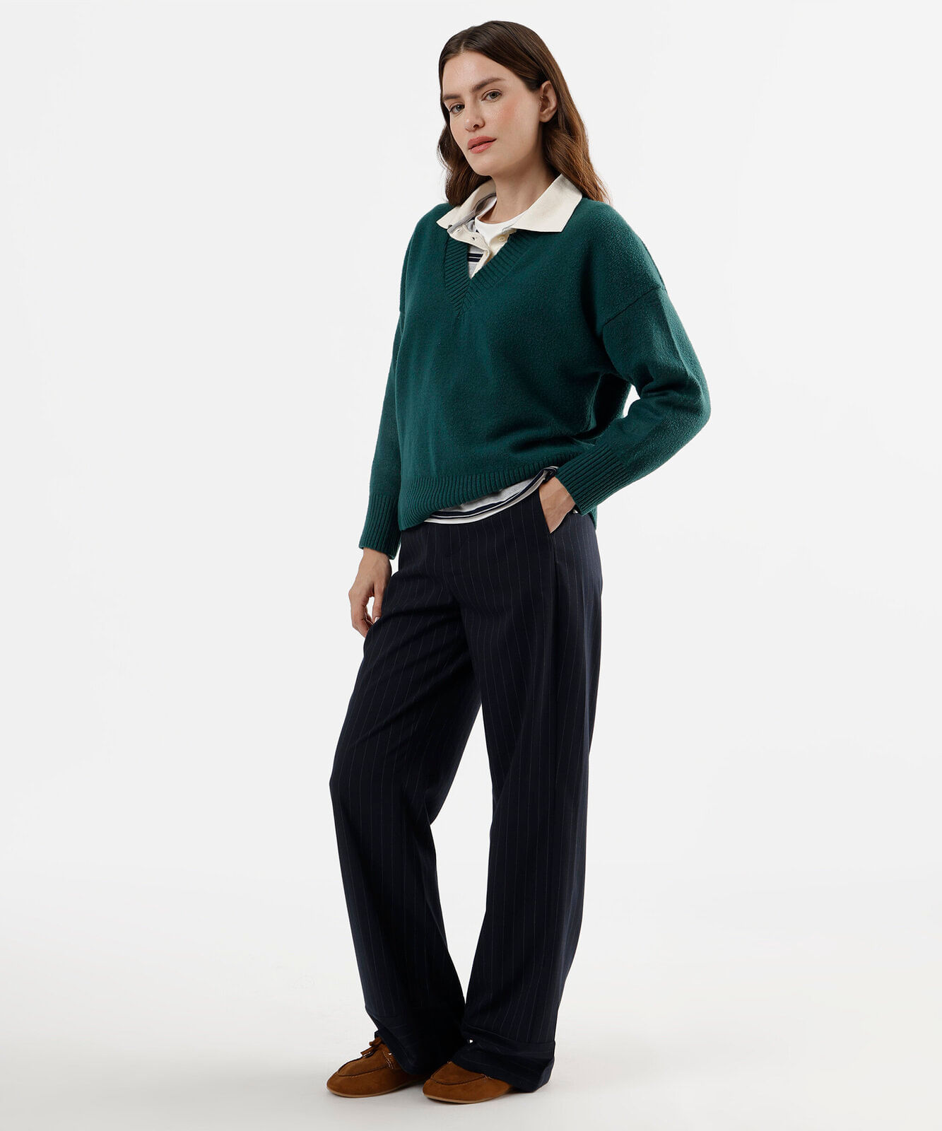 suéter feminino de tricot gola v verde