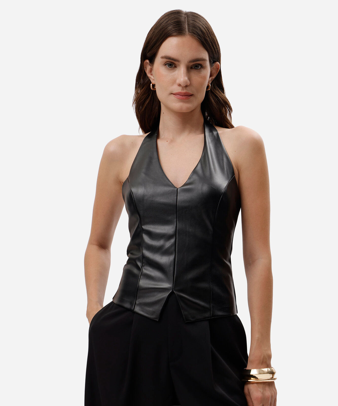 blusa frente única feminina de pu com fenda preta