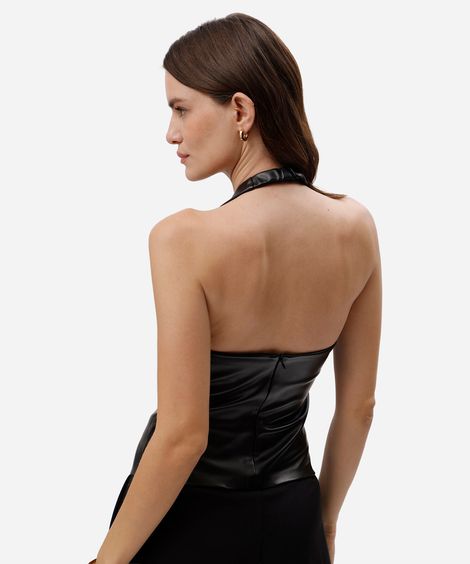 blusa frente única feminina de pu com fenda preta