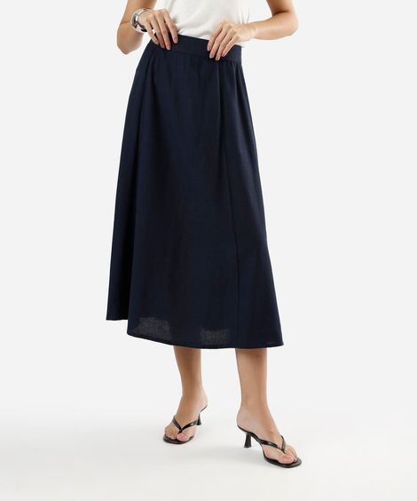 saia midi feminina com linho azul