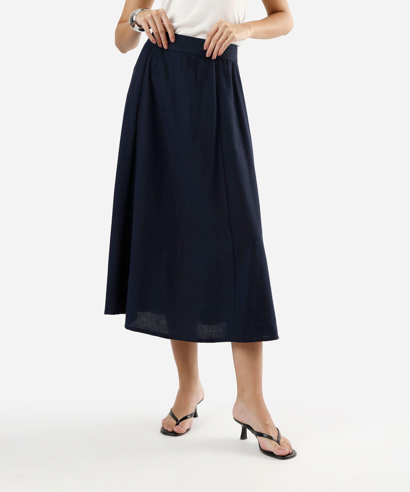 saia midi feminina com linho azul