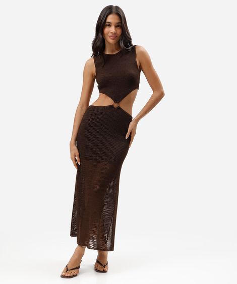 vestido midi feminino de tricot com recorte e fenda marrom