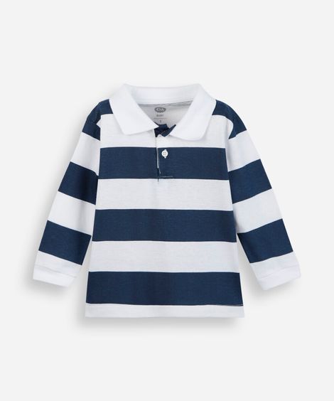 polo infantil de algodão manga longa listrada azul
