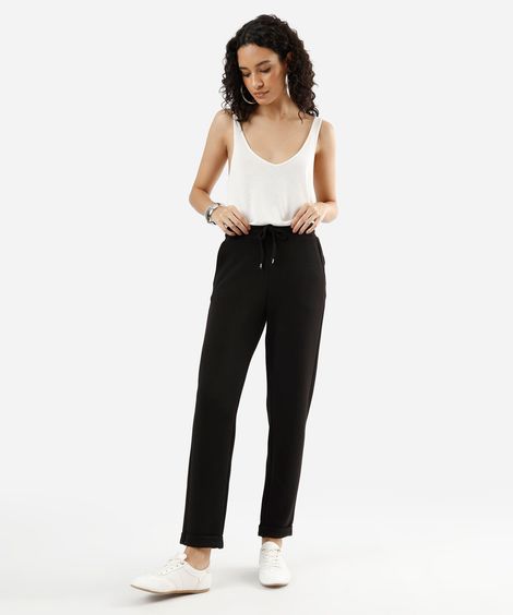 calça reta feminina cós elástico preta