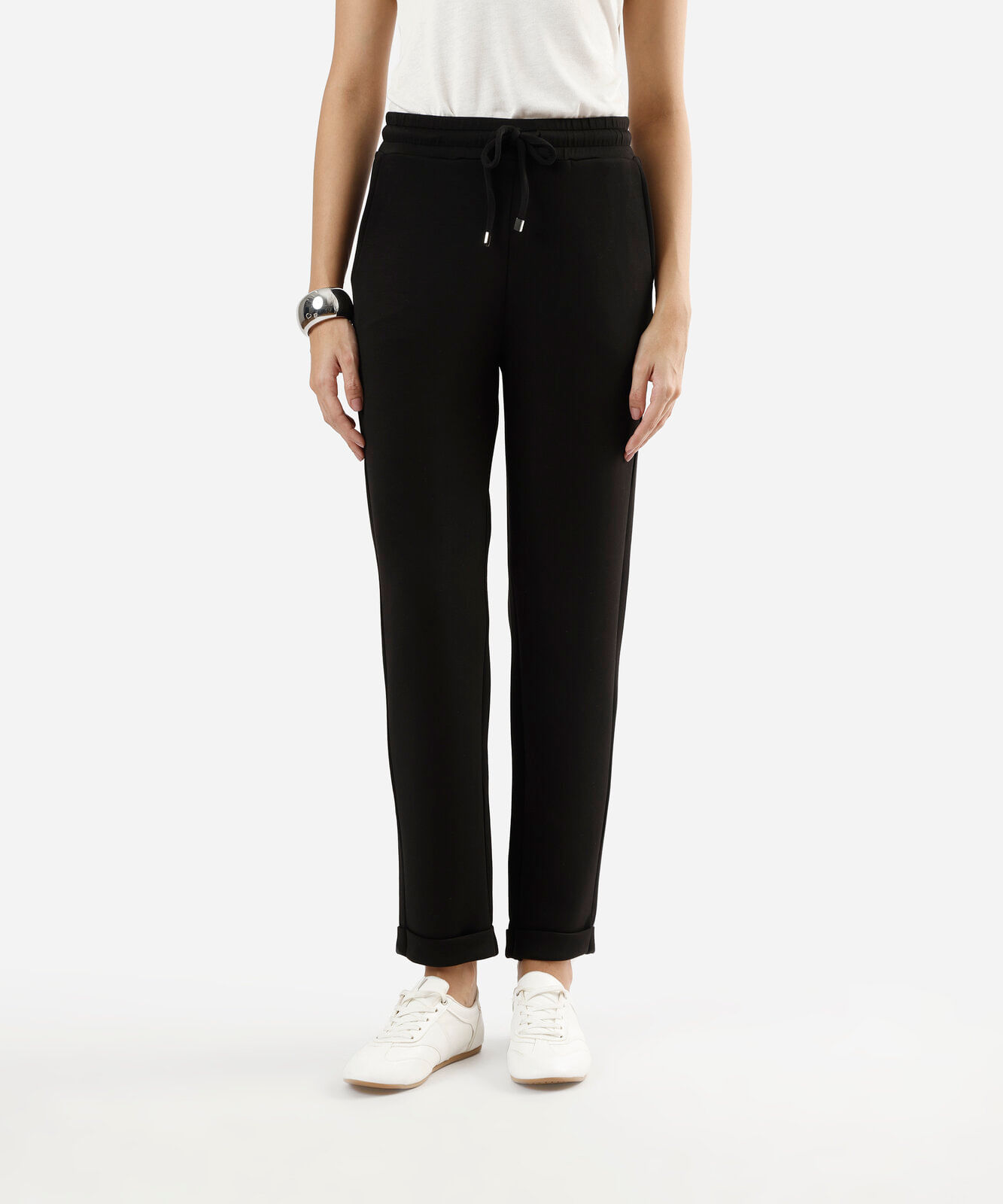 calça reta feminina cós elástico preta