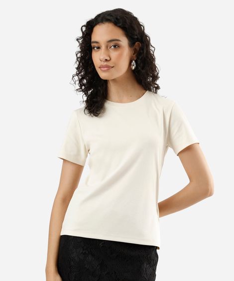 camiseta slim feminina de algodão peruano manga curta bege