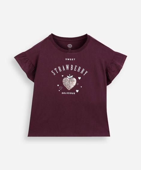 camiseta infantil de algodão com paetê estampada vinho