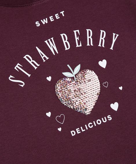 camiseta infantil de algodão com paetê estampada vinho