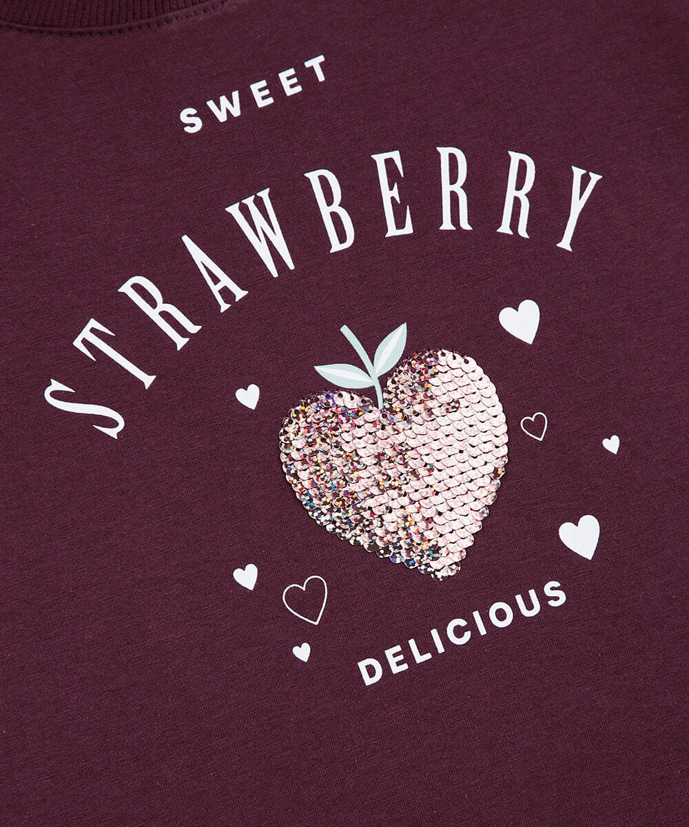 camiseta infantil de algodão com paetê estampada vinho