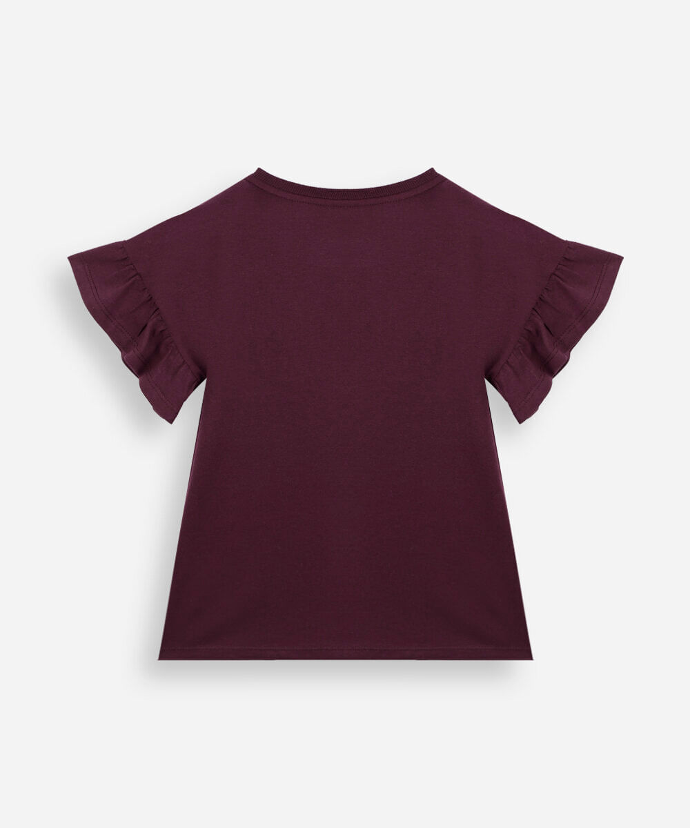 camiseta infantil de algodão com paetê estampada vinho