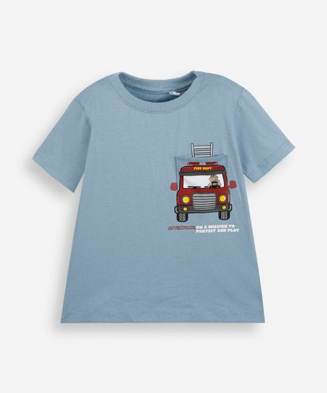 camiseta infantil de algodão manga curta com bolso estampada azul