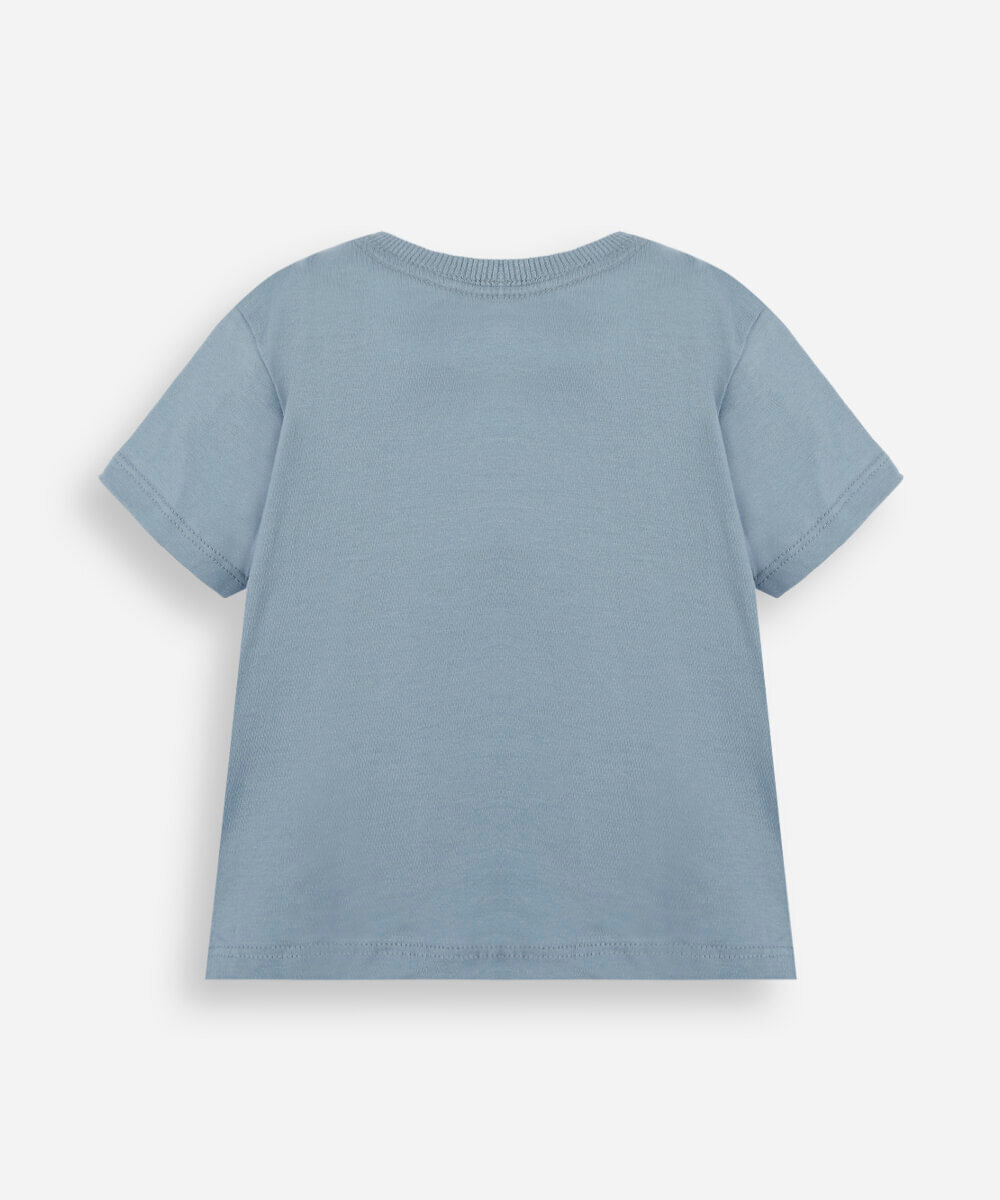 camiseta infantil de algodão manga curta com bolso estampada azul