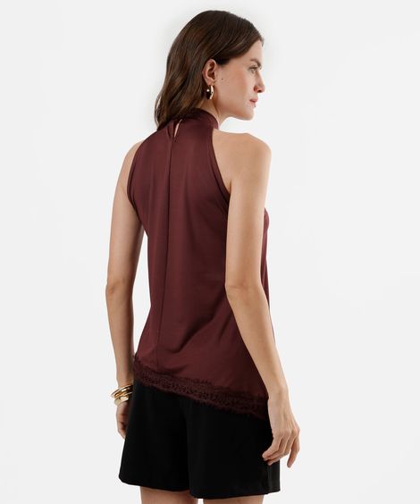 blusa feminina halterneck com renda assimétrica vinho