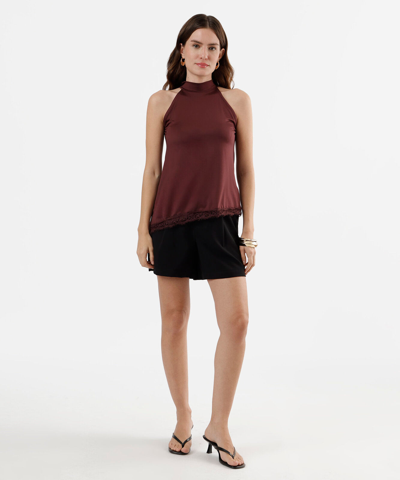 blusa feminina halterneck com renda assimétrica vinho
