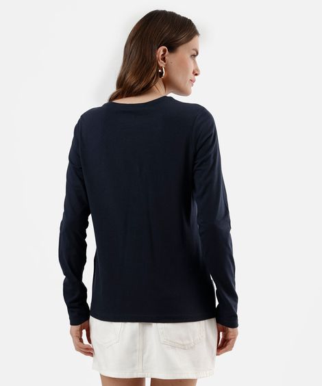 camiseta feminina de algodão com bolso manga longa azul