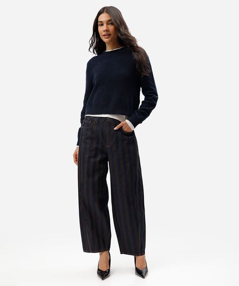 calça barrel feminina jeans listrada cintura média azul