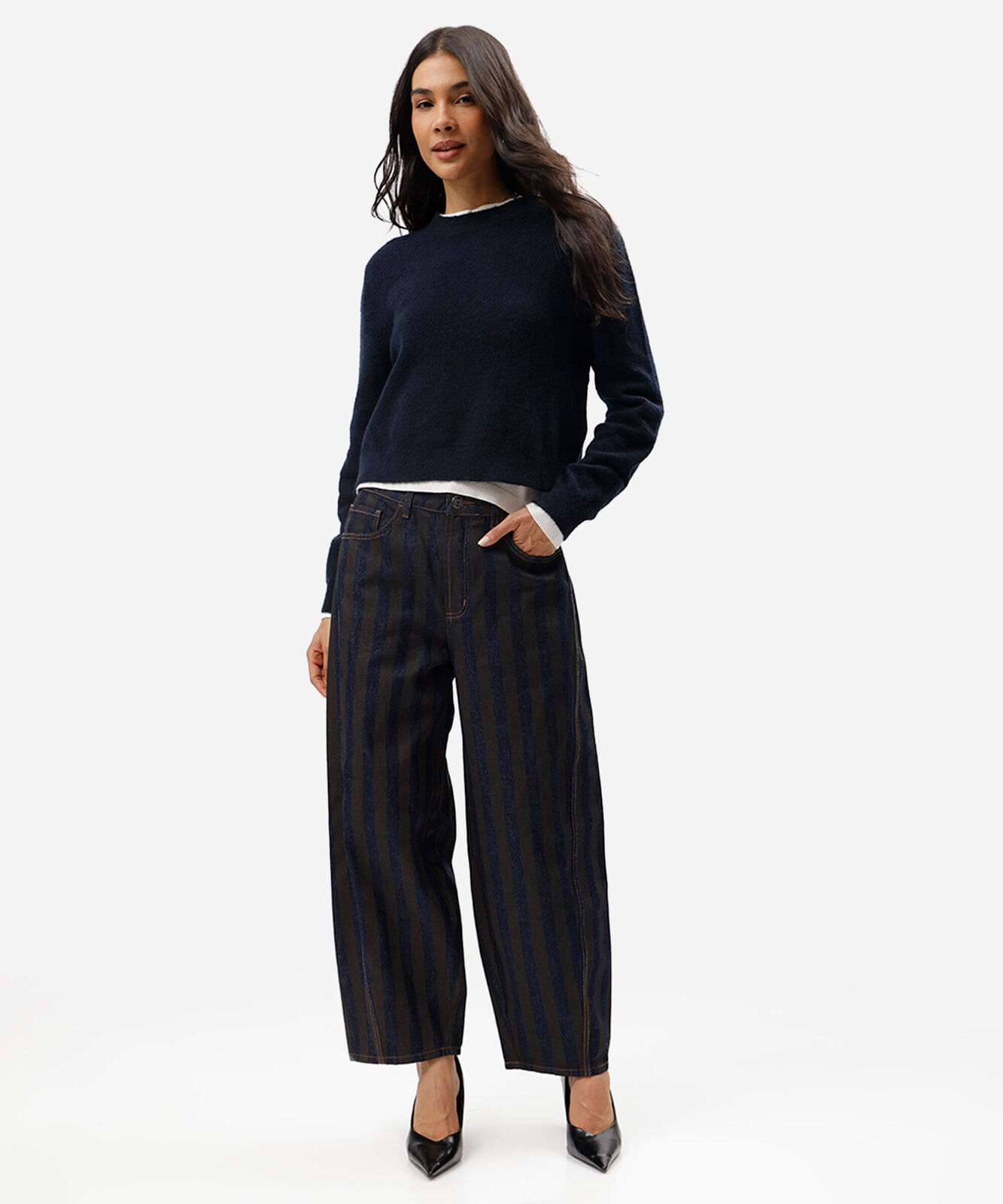 calça barrel feminina jeans listrada cintura média azul