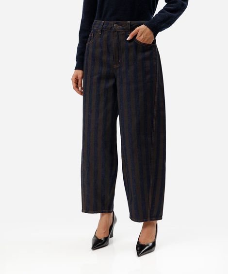 calça barrel feminina jeans listrada cintura média azul
