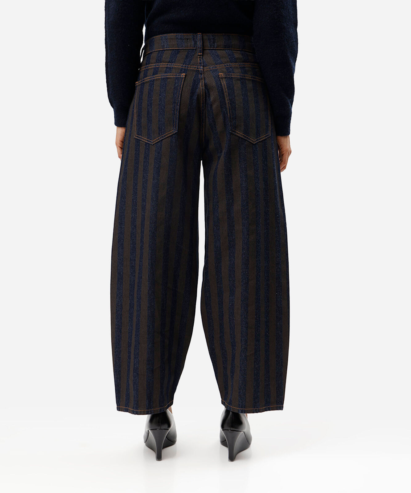 calça barrel feminina jeans listrada cintura média azul