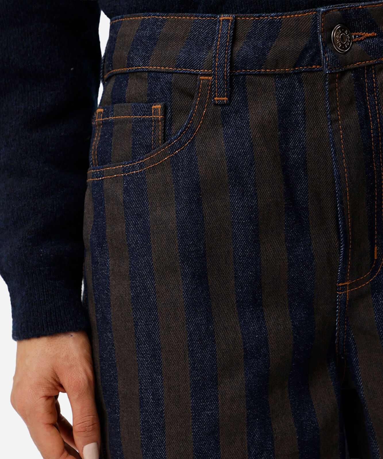 calça barrel feminina jeans listrada cintura média azul