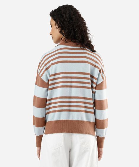 suéter feminino de tricot com gola decote v listrado azul