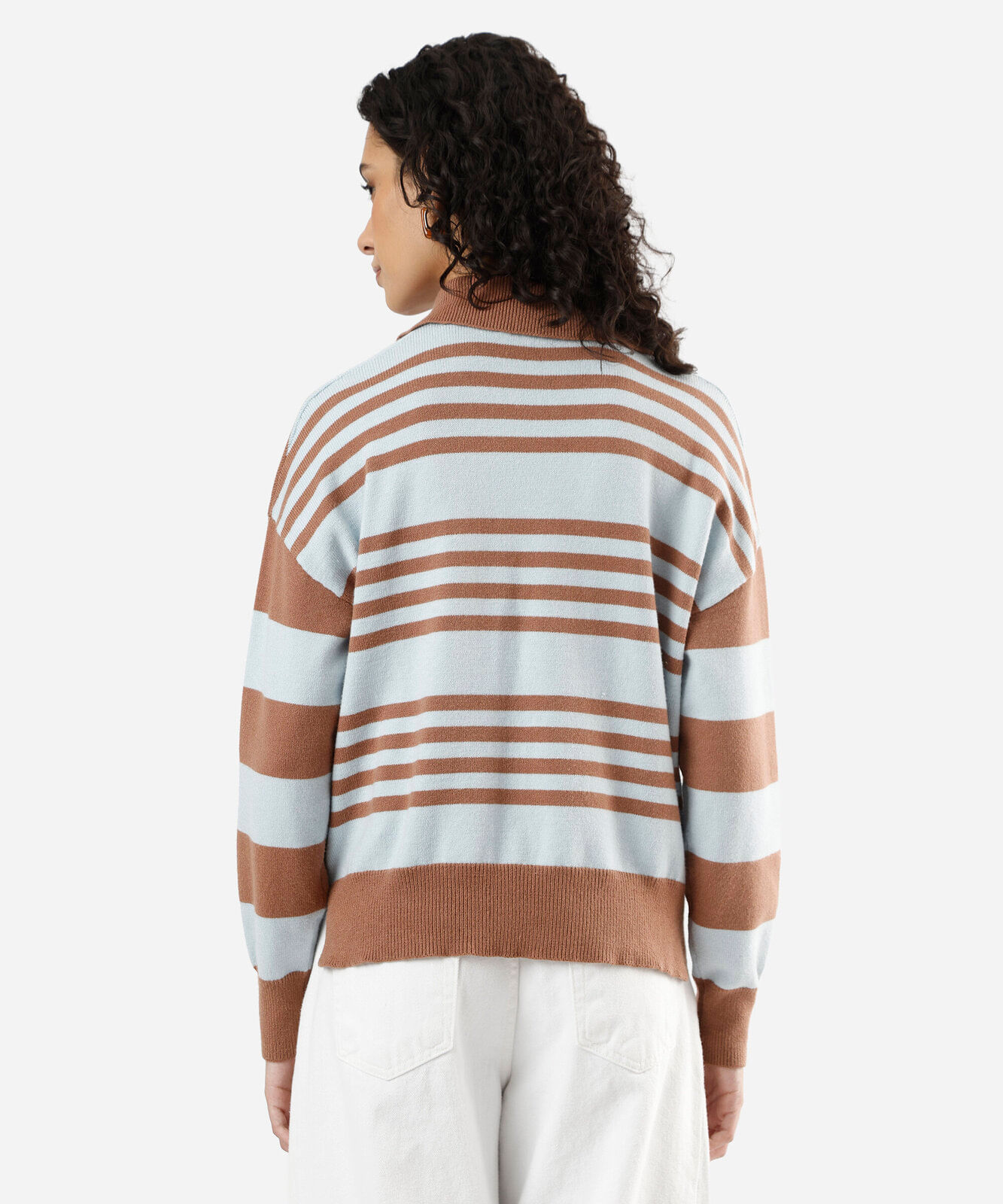 suéter feminino de tricot com gola decote v listrado azul