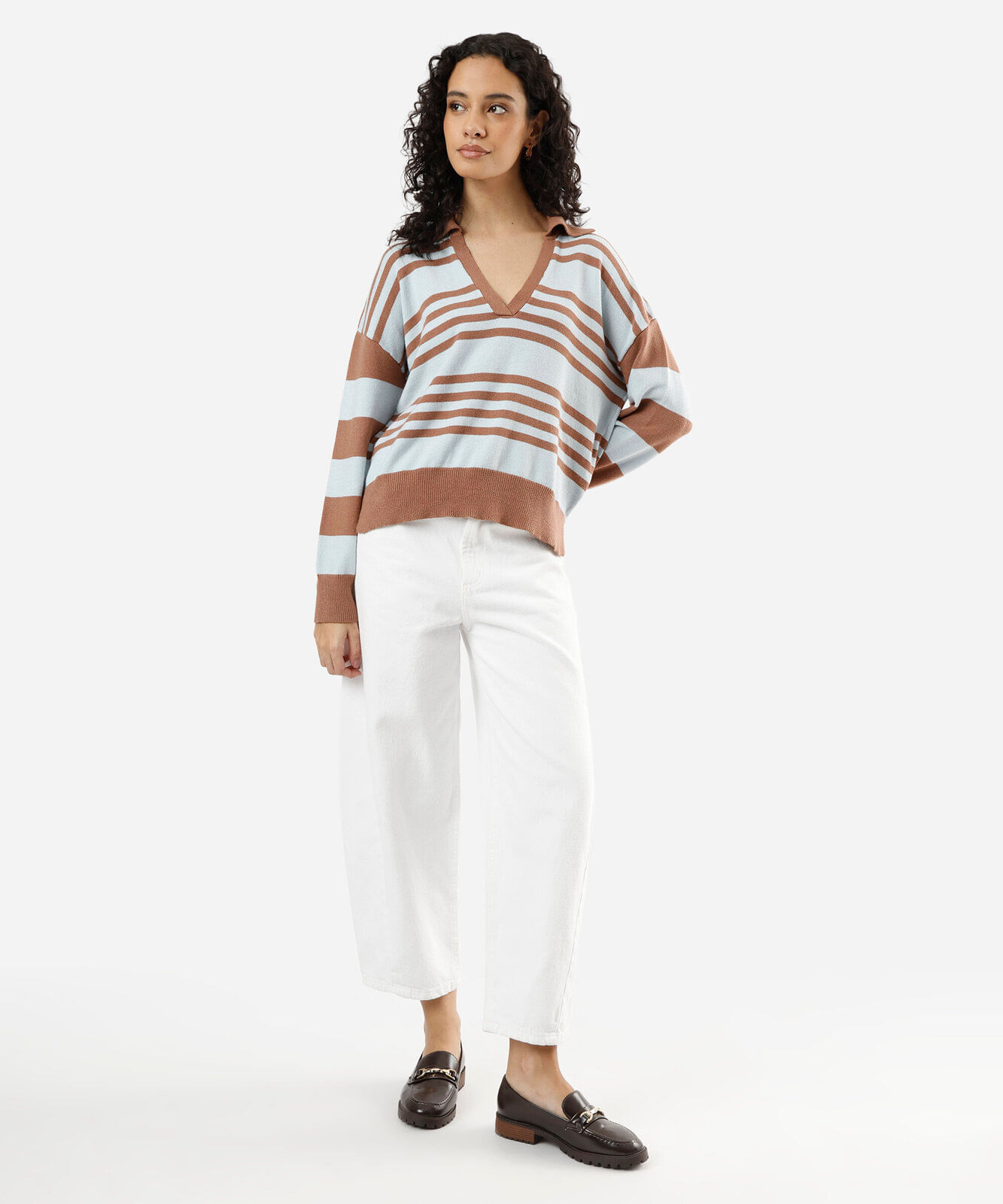 suéter feminino de tricot com gola decote v listrado azul