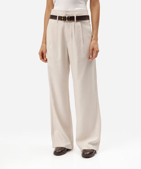 calça wide leg de alfaiataria feminina com cinto bege