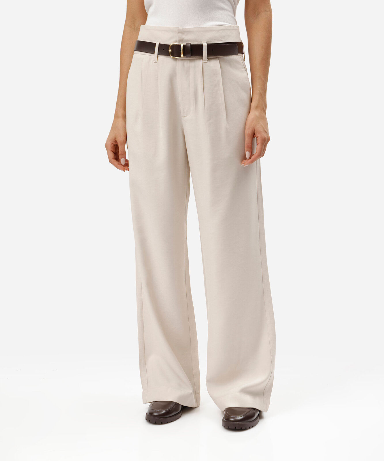 calça wide leg de alfaiataria feminina com cinto bege