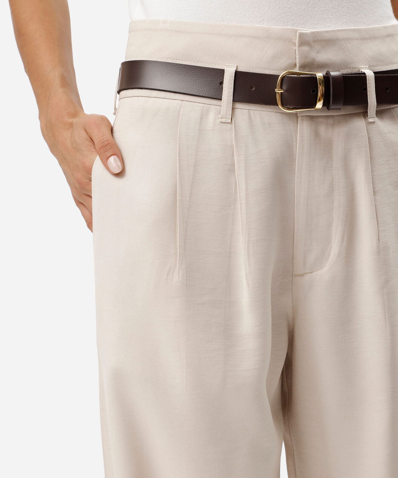 calça wide leg de alfaiataria feminina com cinto bege