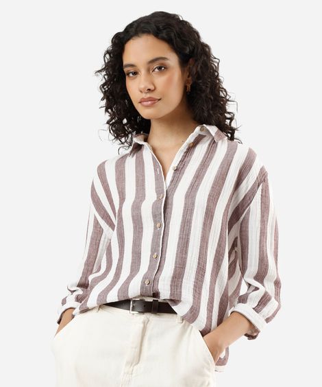 camisa feminina de algodão manga longa listrada marrom