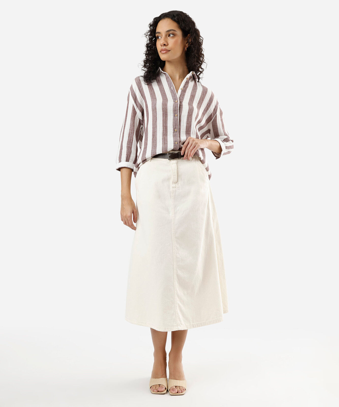 camisa feminina de algodão manga longa listrada marrom