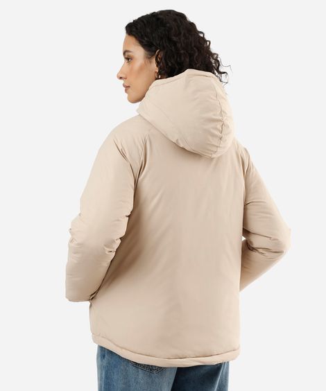 jaqueta puffer feminina com capuz bege